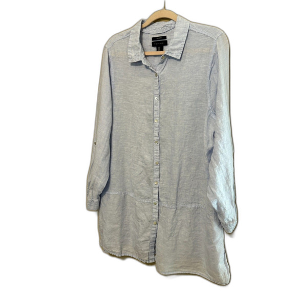 Tahari 100% Linen Button Up Tunic Top Womens 1X Blue Roll Tab Sleeve Coastal - Picture 2 of 7